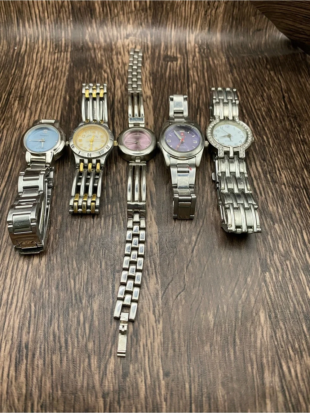 Mixed Lot of Five vintage Silver-Tone Ladies Wristwatches with Pastel Dials